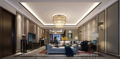 新中式客餐厅 极简中式家具 沙发 吊灯 茶几 电视柜 餐桌 方几